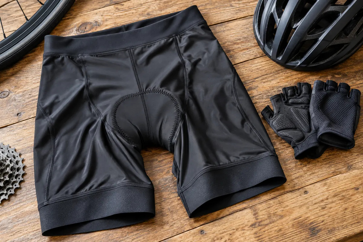 Black padded cycling shorts with cycling gloves on a wooden surface