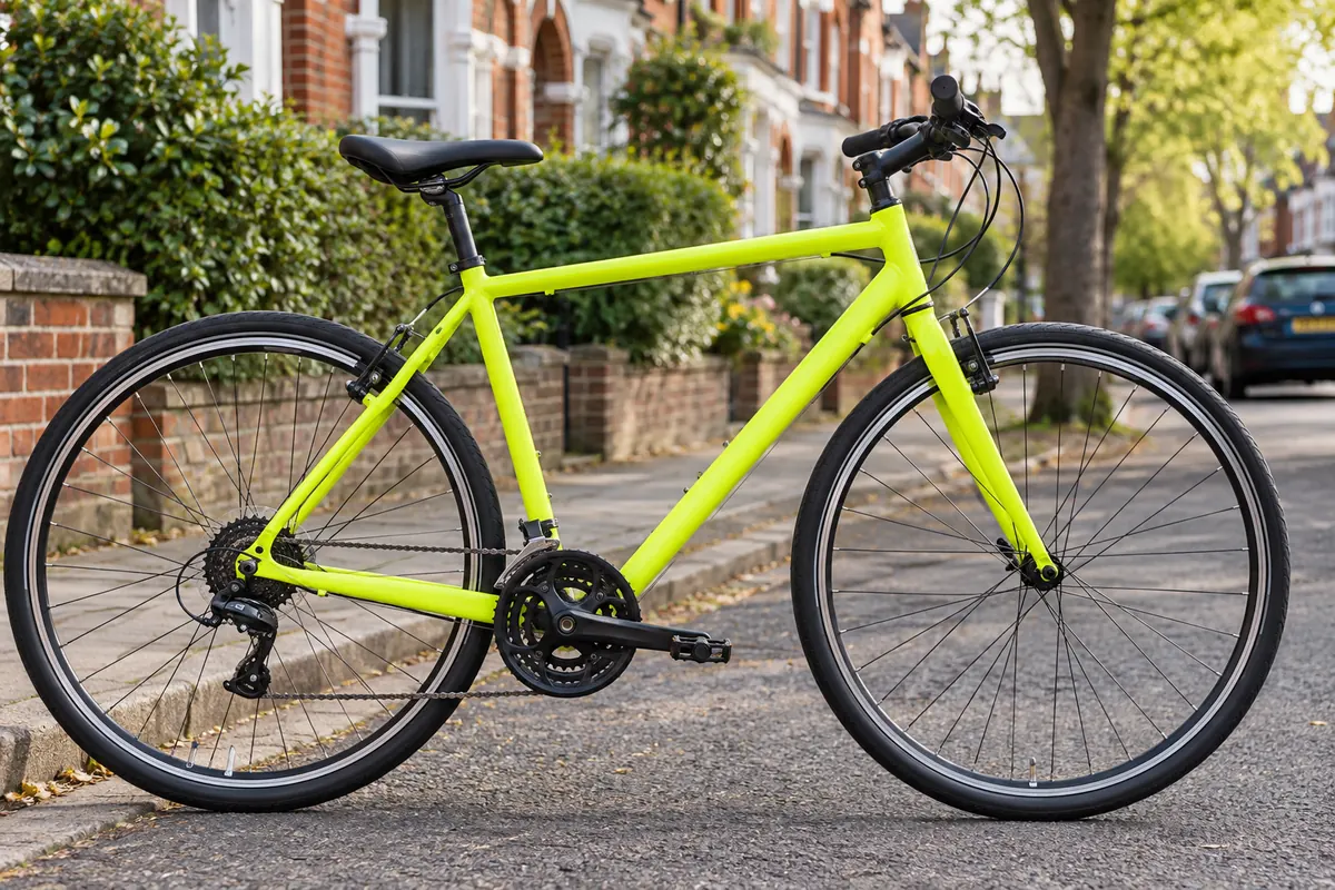 Bright yellow-green commuter bicycle parked beside a British residential street