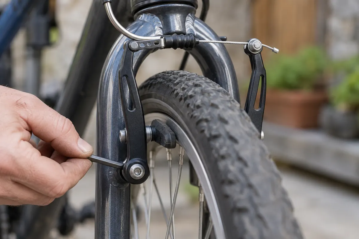 Mechanic adjusting a bicycle V-brake in a workshop