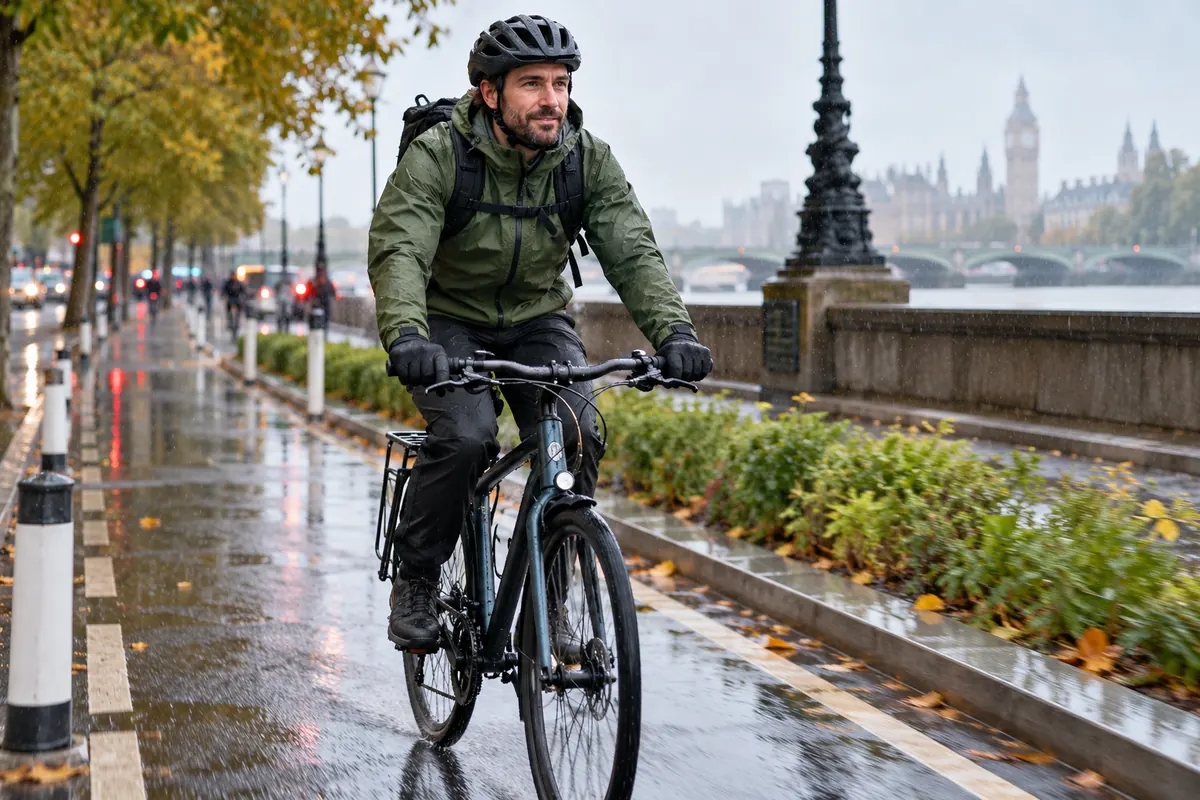 Helmeted cyclist in a waterproof jacket riding in rain on a protected British cycle lane