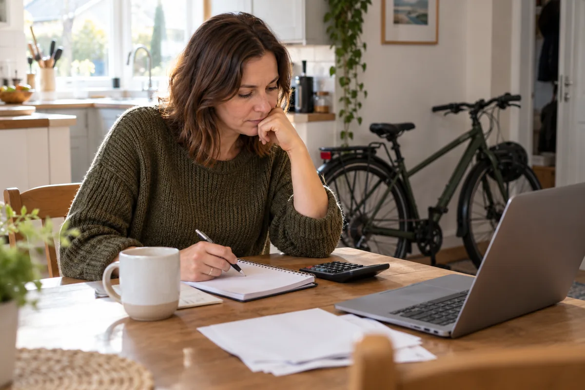 Person reviewing a household budget with a laptop and calculator beside a bicycle