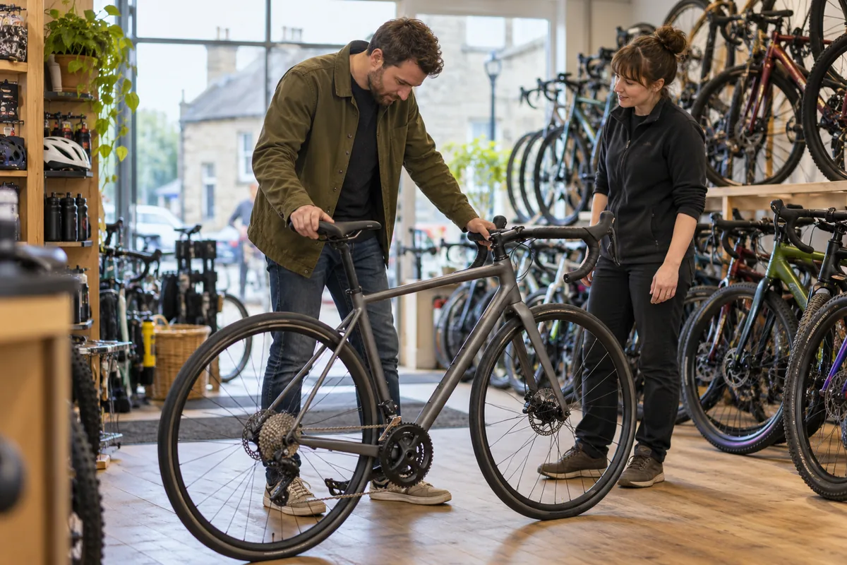 Customer comparing a road bicycle in an independent British bike shop