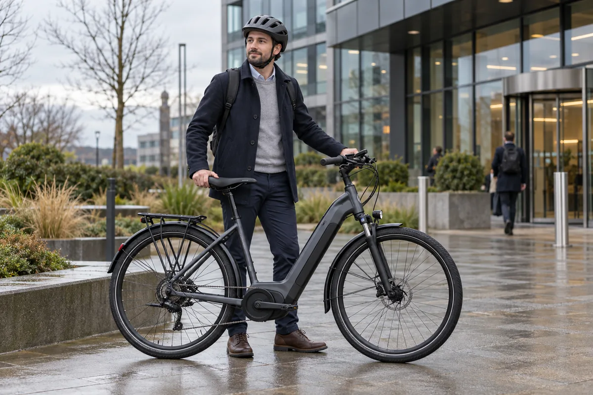 Helmeted commuter with an electric bicycle outside a workplace
