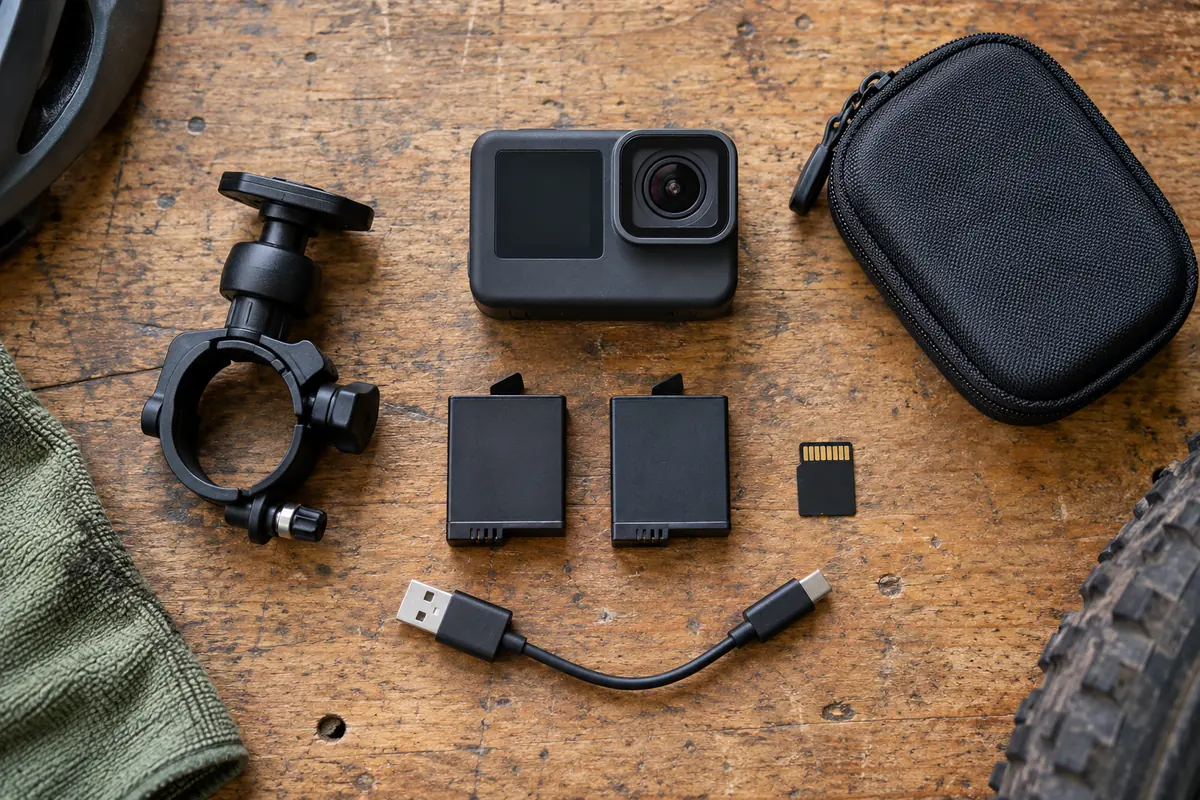Action camera, bicycle mount, spare batteries, memory card, charging cable and protective case on a workbench