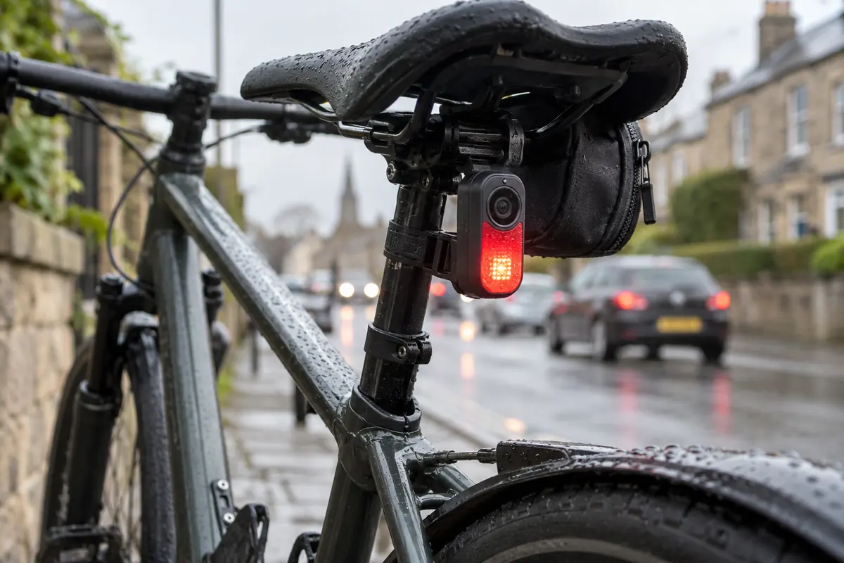 Rear-facing bicycle camera and tail light mounted beneath a saddle with a clear view past the luggage