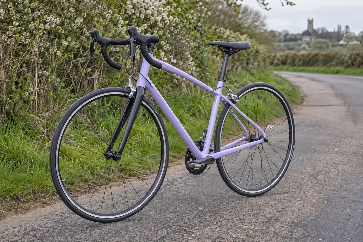 Lavender women's road bike on an Oxfordshire country lane