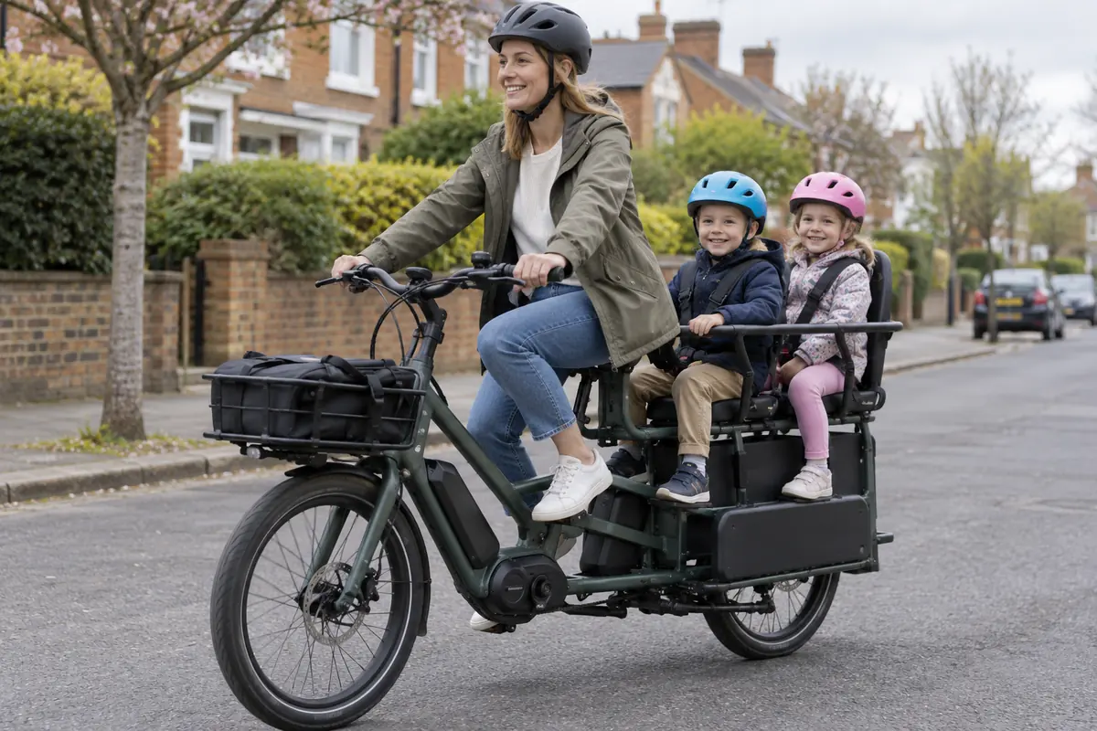 Parent riding a longtail electric cargo bicycle with two children in protected rear seats