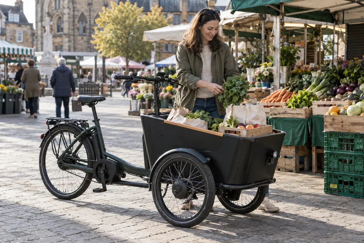 Front-loading electric cargo cycle carrying grocery bags at a market