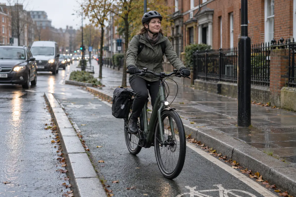 Commuter riding a practical electric bicycle on a wet segregated city cycle lane