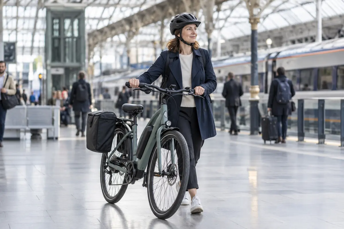 Commuter walking a full-size electric bicycle through a railway station