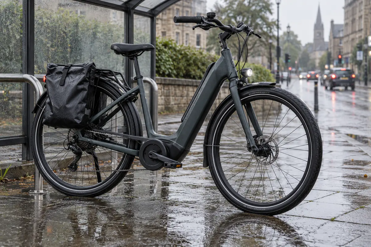 Commuter electric bicycle with mudguards, lights, rack and waterproof pannier in the rain