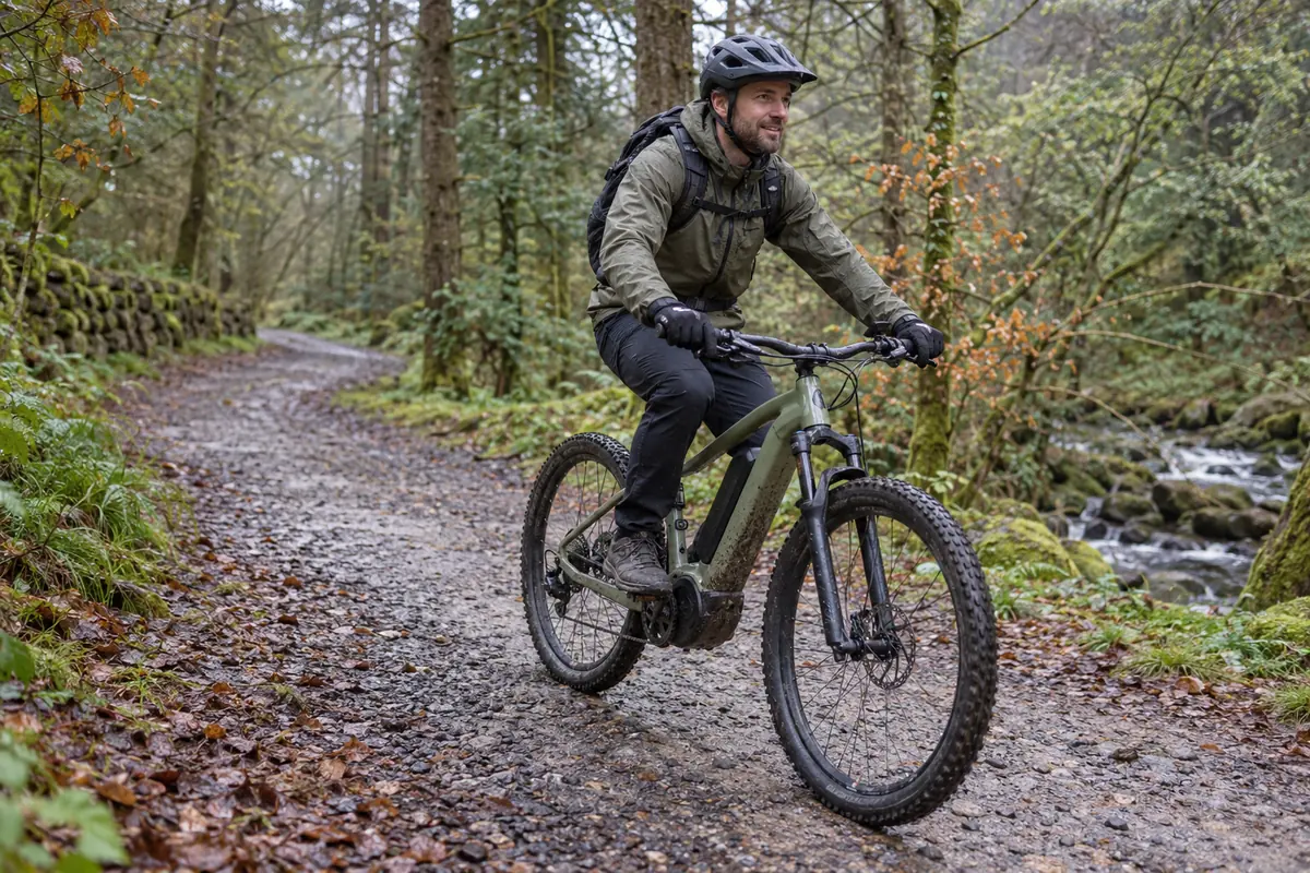 Rider using an electric hardtail mountain bike on a damp forest trail