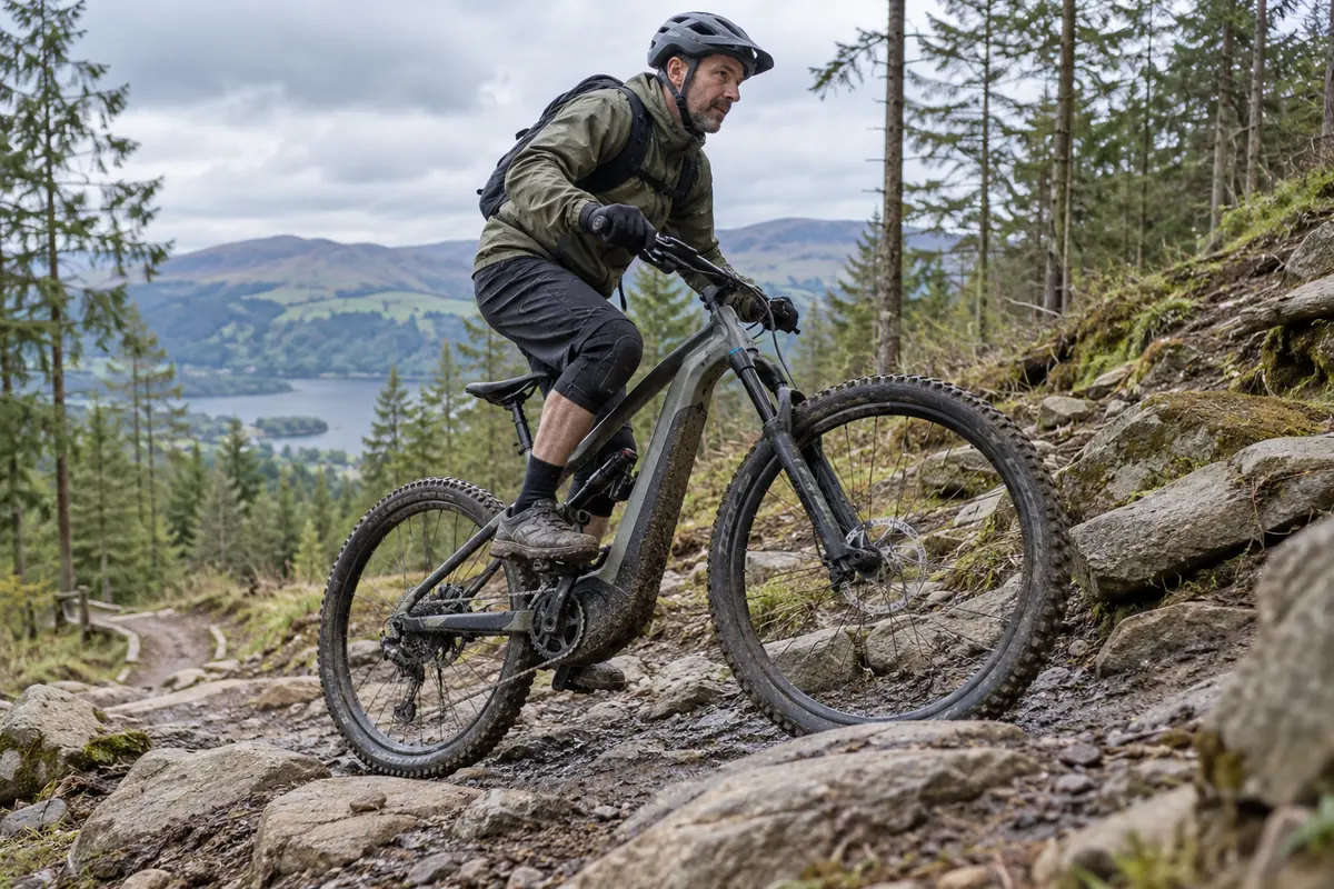 Rider climbing a rocky managed trail on a full-suspension electric mountain bike