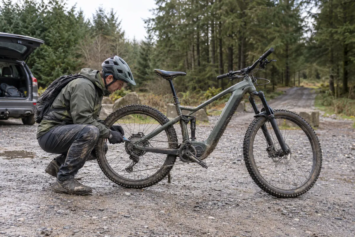 Mountain biker checking a muddy electric bicycle at a forest trailhead