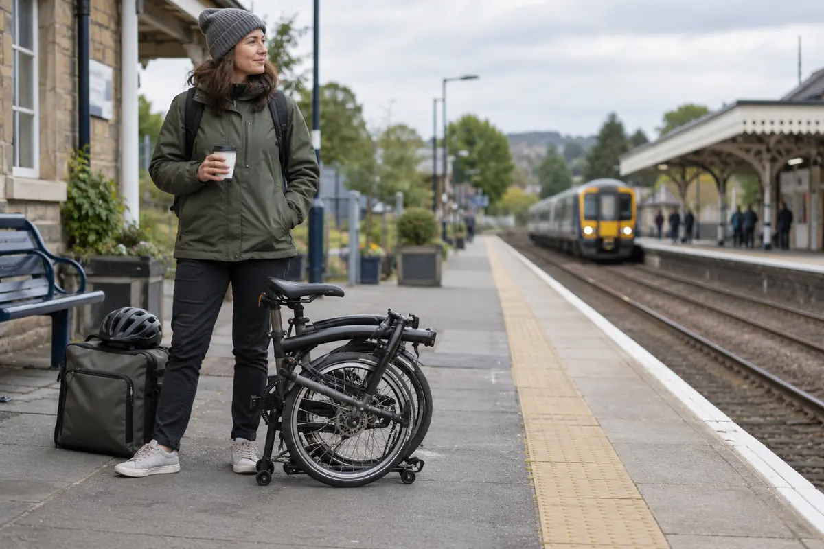 Traveller waiting safely on a railway platform beside a folded electric bicycle