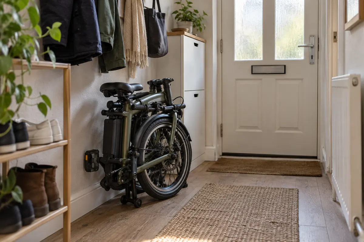 Compact folding electric bicycle stored neatly in a small flat hallway
