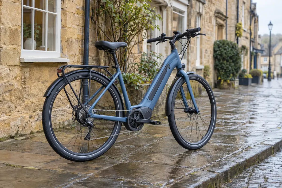 Slate-blue step-through electric bicycle in a Yorkshire market town