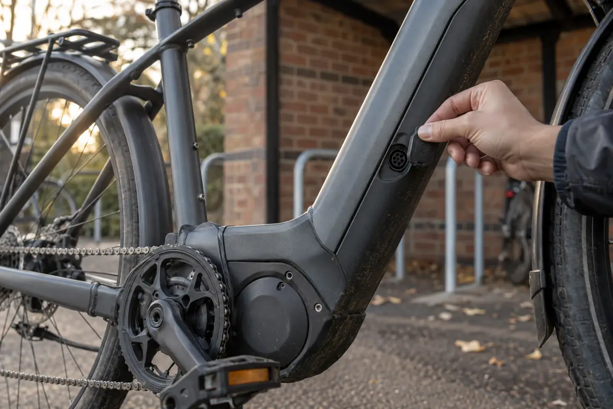 Hand checking an electric bicycle battery charging port