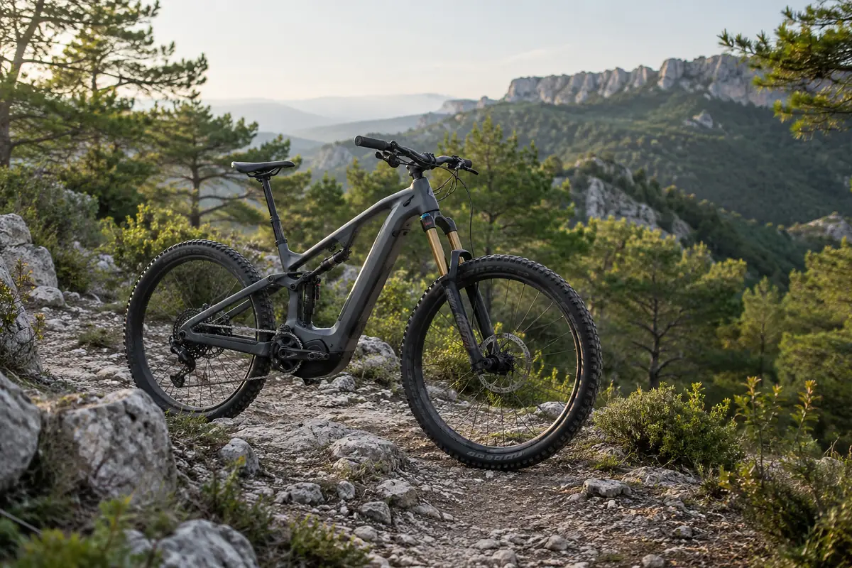 Illustrative unbranded carbon electric mountain bike on a rocky French foothill trail