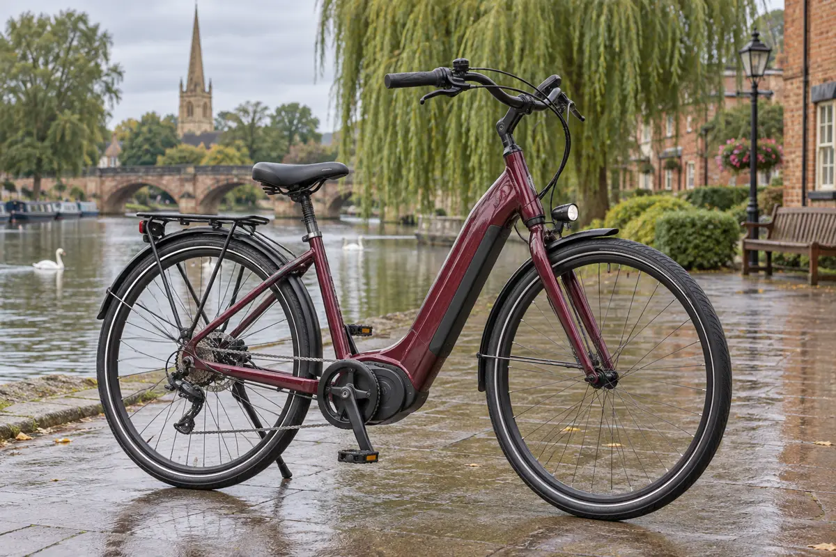 Burgundy low-step electric city bicycle beside the River Avon