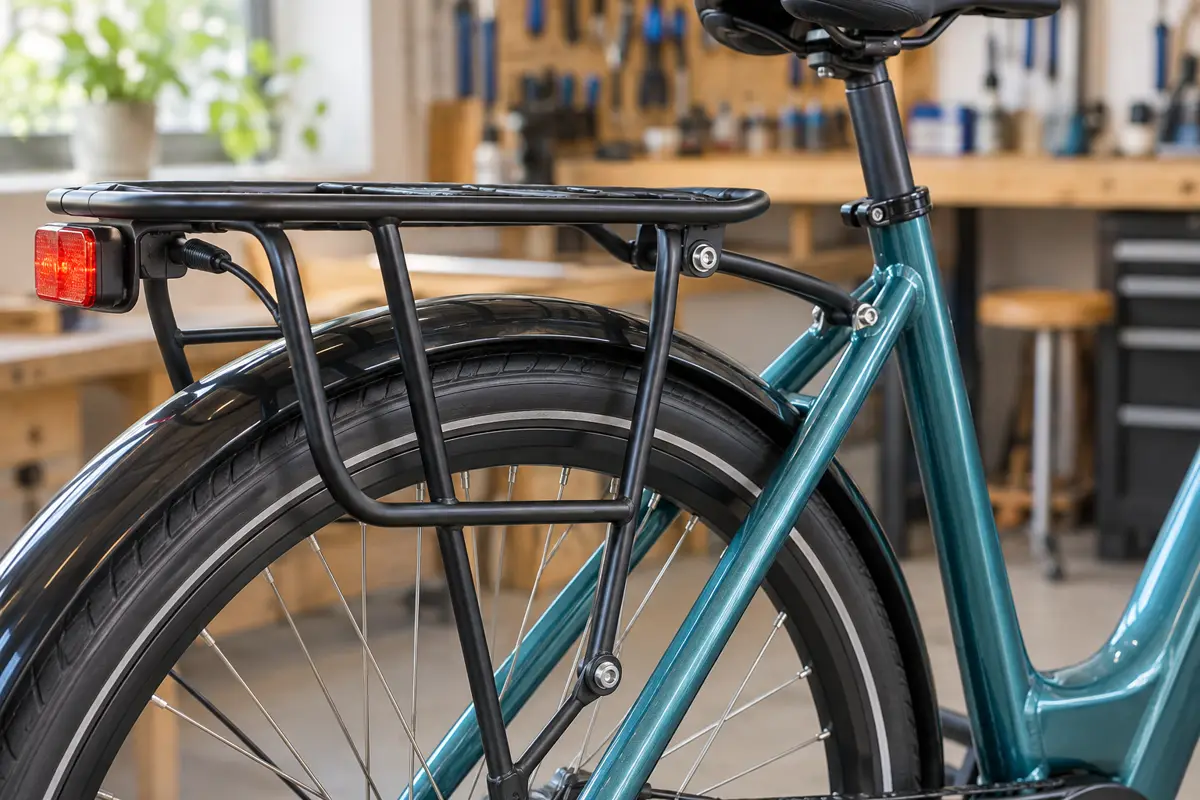 Rear carrier and integrated light on a teal low-step electric bicycle