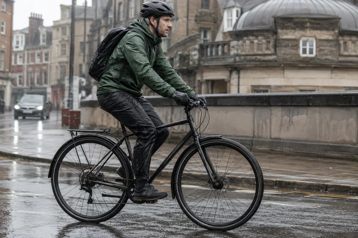 Commuter wearing waterproof cycling trousers on a wet British street