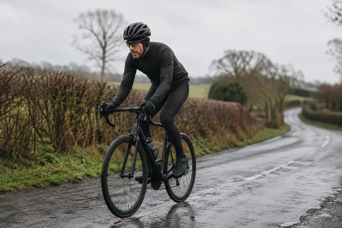 Road cyclist wearing winter bib tights on a country lane