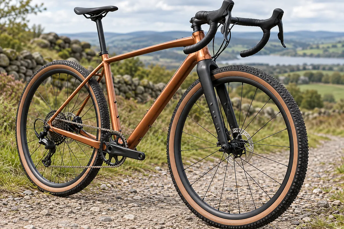 Copper gravel bike frame, drivetrain, carbon fork and wide tyres illustrating Ribble ALLGRIT AL details