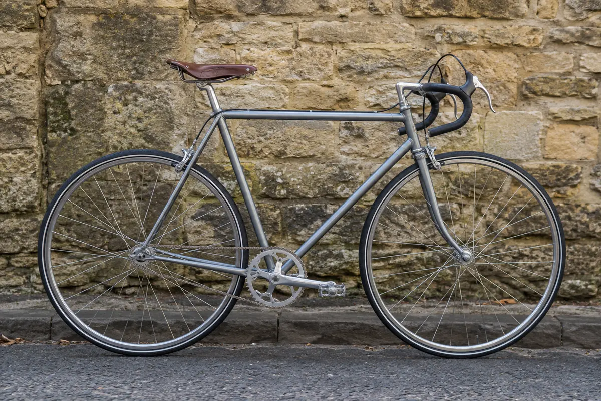 Grey steel single-speed road bicycle with drop handlebars beside a British stone wall