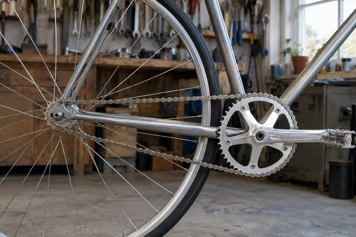 Single chainring, chain and rear sprocket on a grey single-speed bicycle