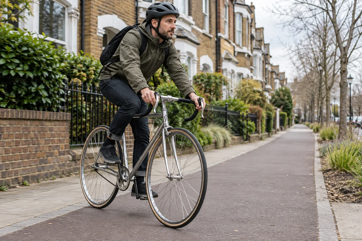 Helmeted commuter riding a grey single-speed road bicycle on a British cycle path