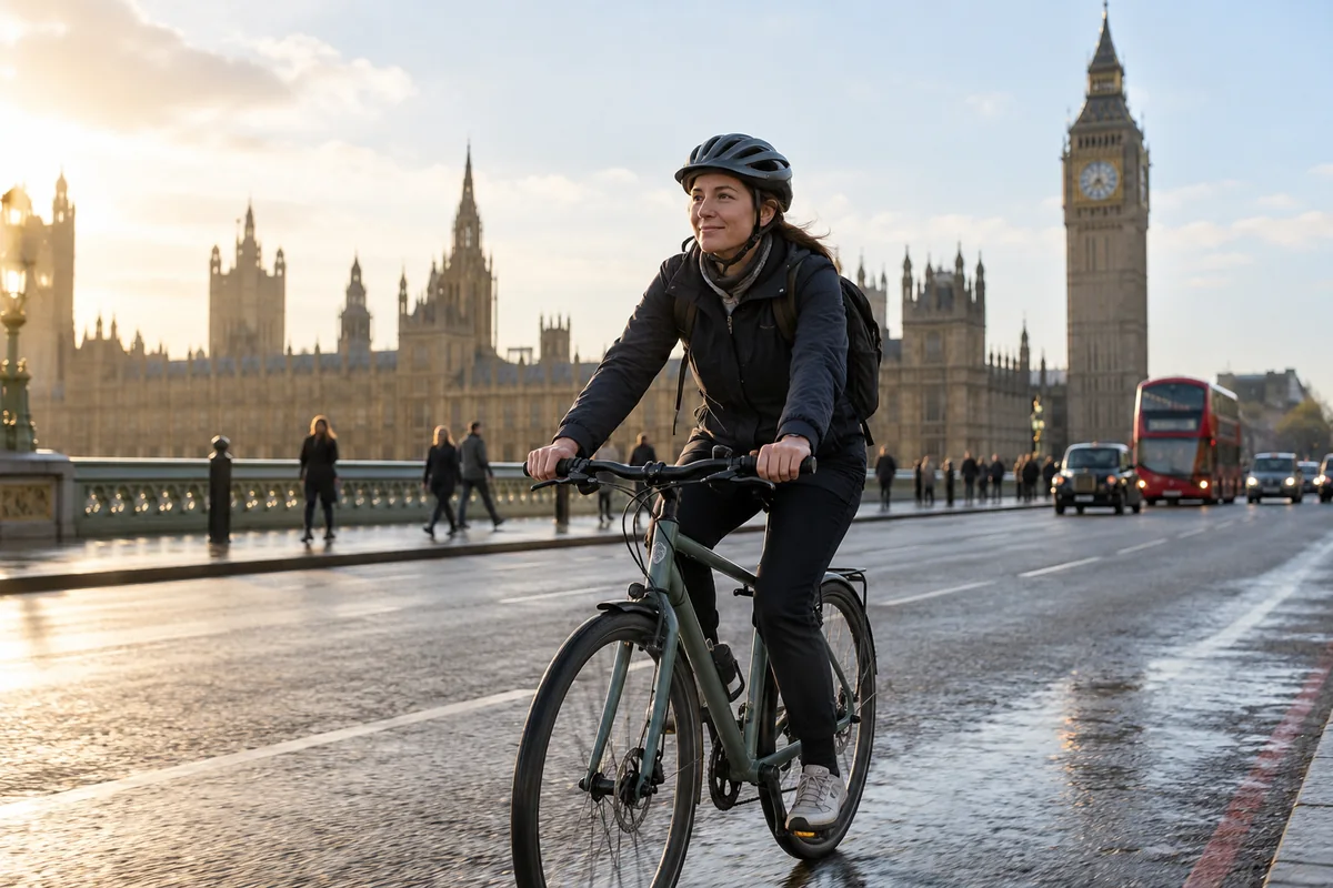 Realistic British cycling scene for Five things you learn by cycling to work