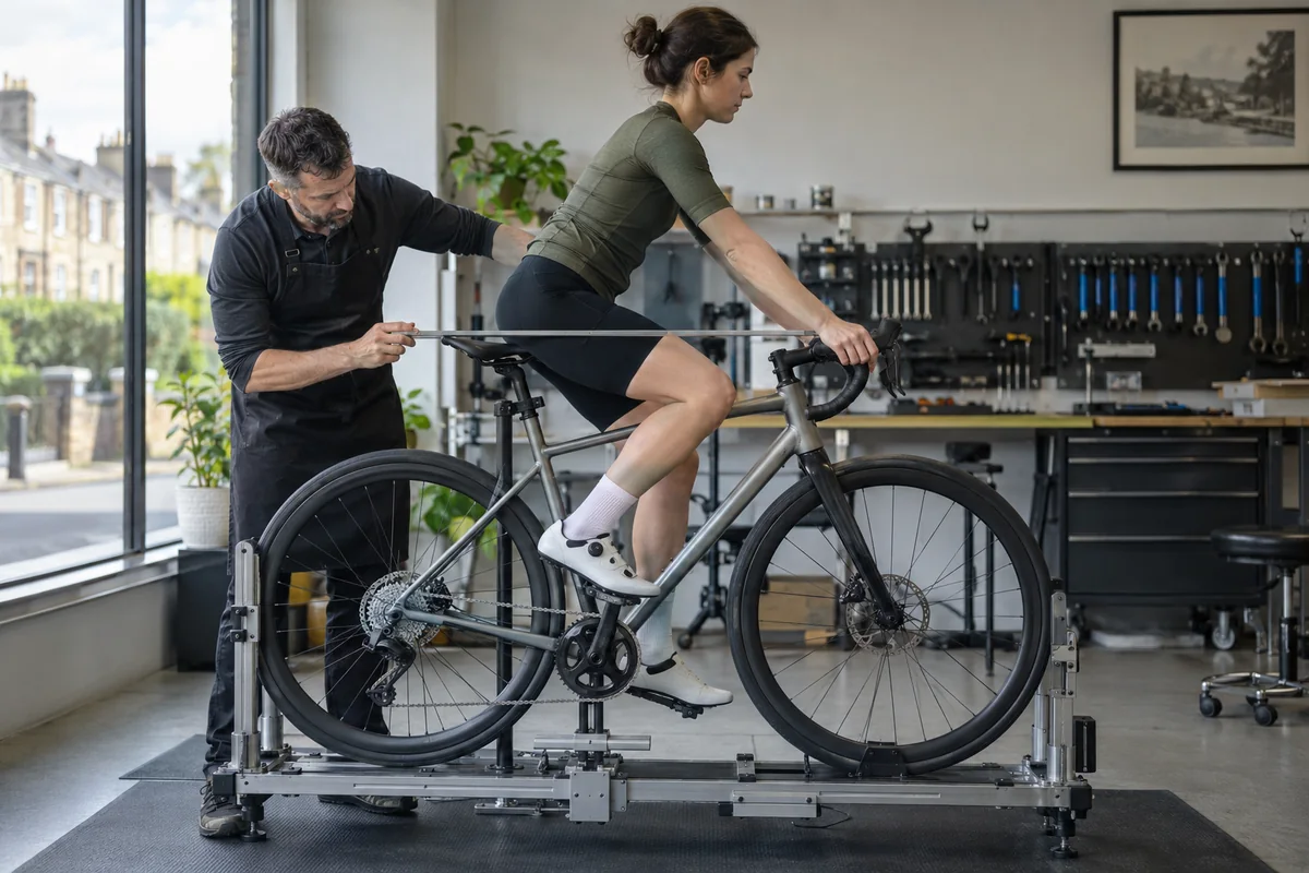 Cyclist or mechanic demonstrating practical considerations for ABHI E57yi688 geometry and sizing