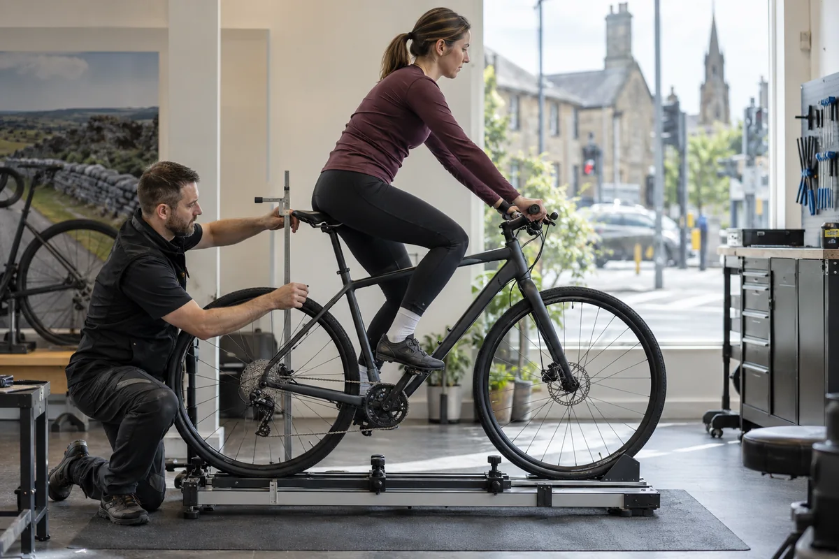 Cyclist or mechanic demonstrating practical considerations for Boardman HYB 8.9 geometry and sizing