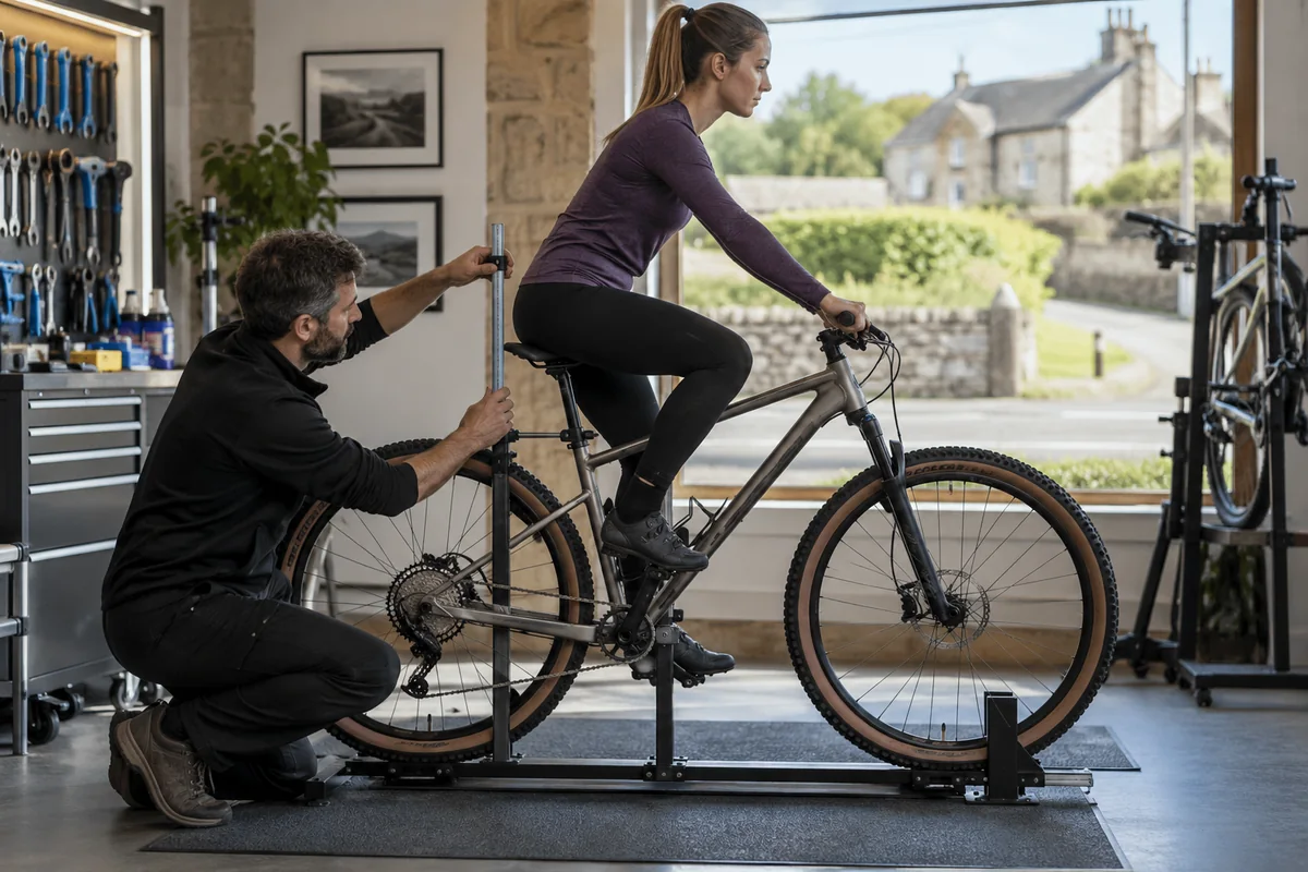 Cyclist or mechanic demonstrating practical considerations for Boardman MHT 8.9 geometry and sizing