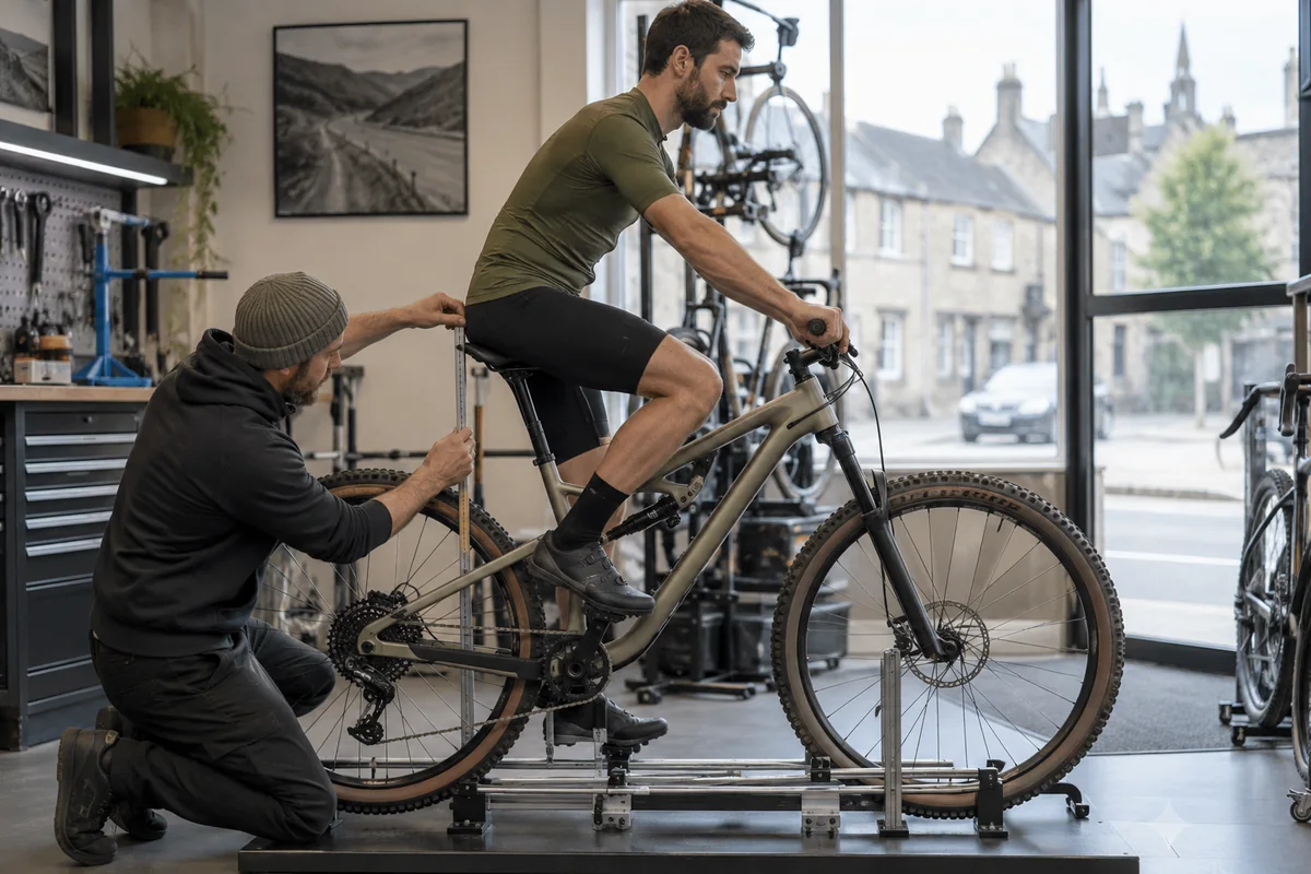 Cyclist or mechanic demonstrating practical considerations for Boardman MTR 8.9 geometry and sizing