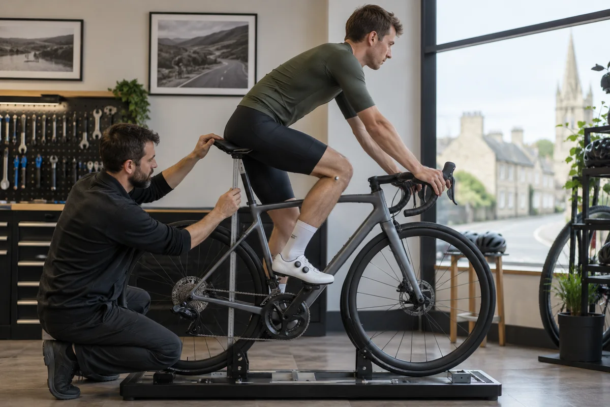 Cyclist or mechanic demonstrating practical considerations for Boardman SLR 8.6 geometry and sizing