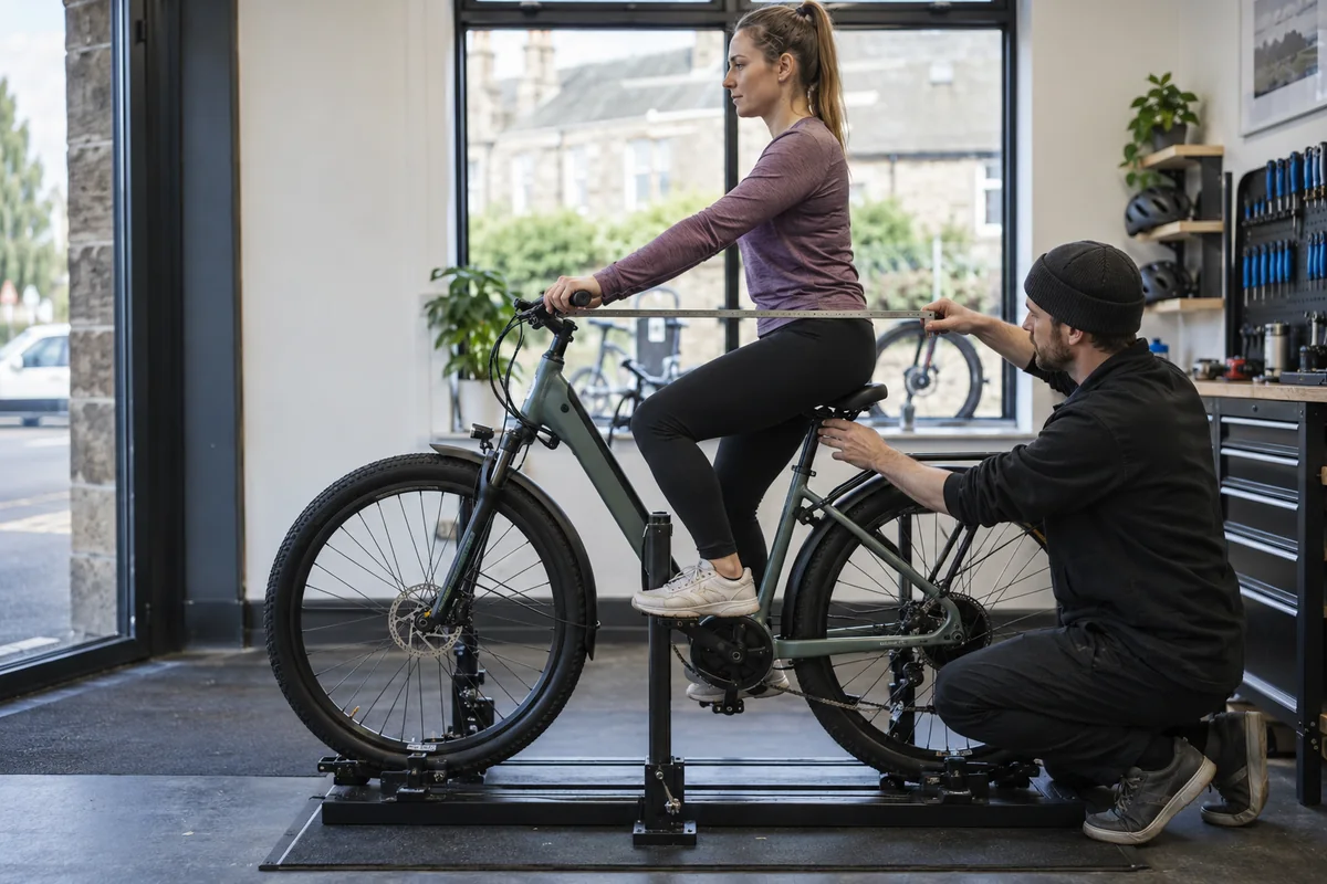Cyclist or mechanic demonstrating practical considerations for ENGWE E26 geometry and sizing