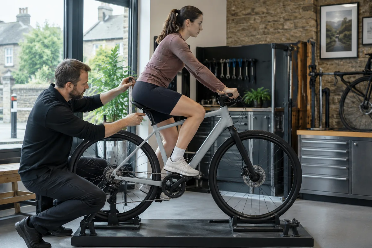 Cyclist or mechanic demonstrating practical considerations for Tenways AGO Air geometry and sizing