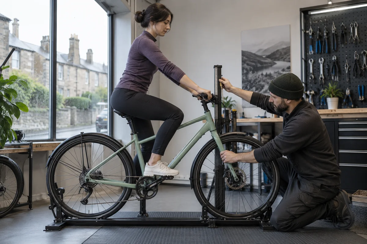 Cyclist or mechanic demonstrating practical considerations for Tenways CGO Compact geometry and sizing
