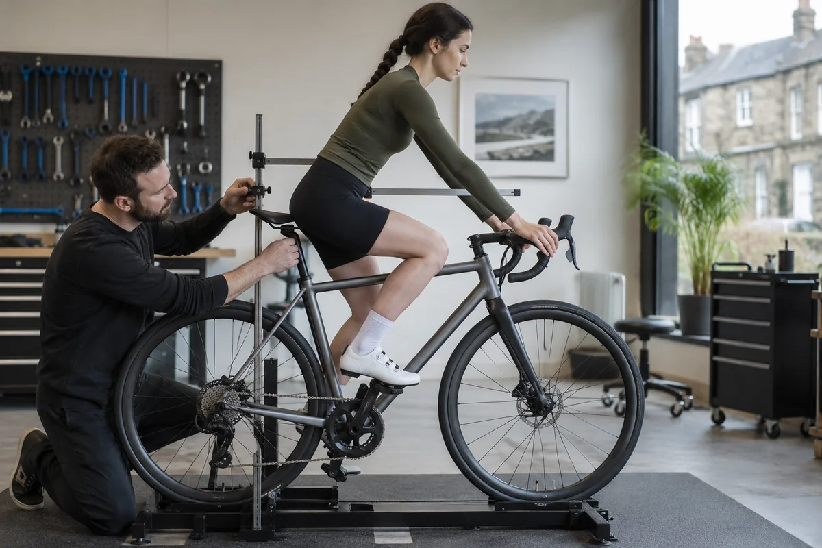 Cyclist or mechanic demonstrating practical considerations for Search bikes by geometry numbers