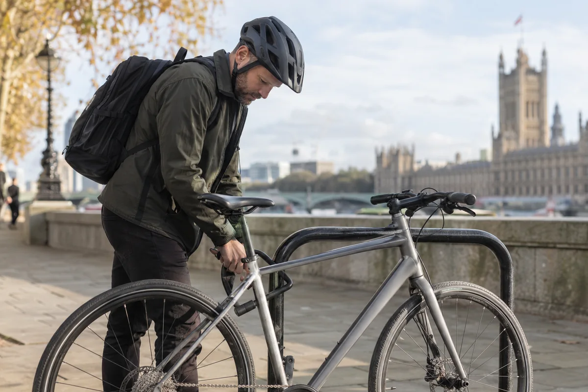 Helmeted commuter securing a grey bicycle at a metal cycle stand beside the Thames