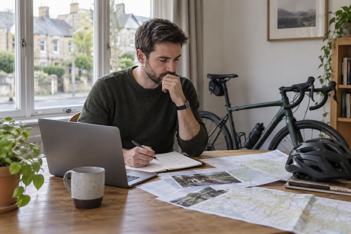 Cyclist planning a trip with a laptop and maps beside a road bicycle at home