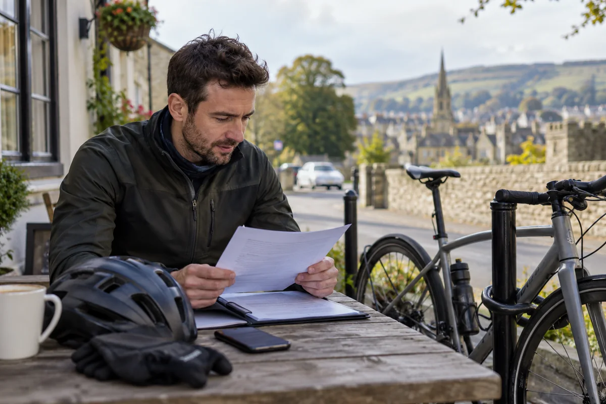 Cyclist reviewing paperwork at an outdoor table beside a bicycle