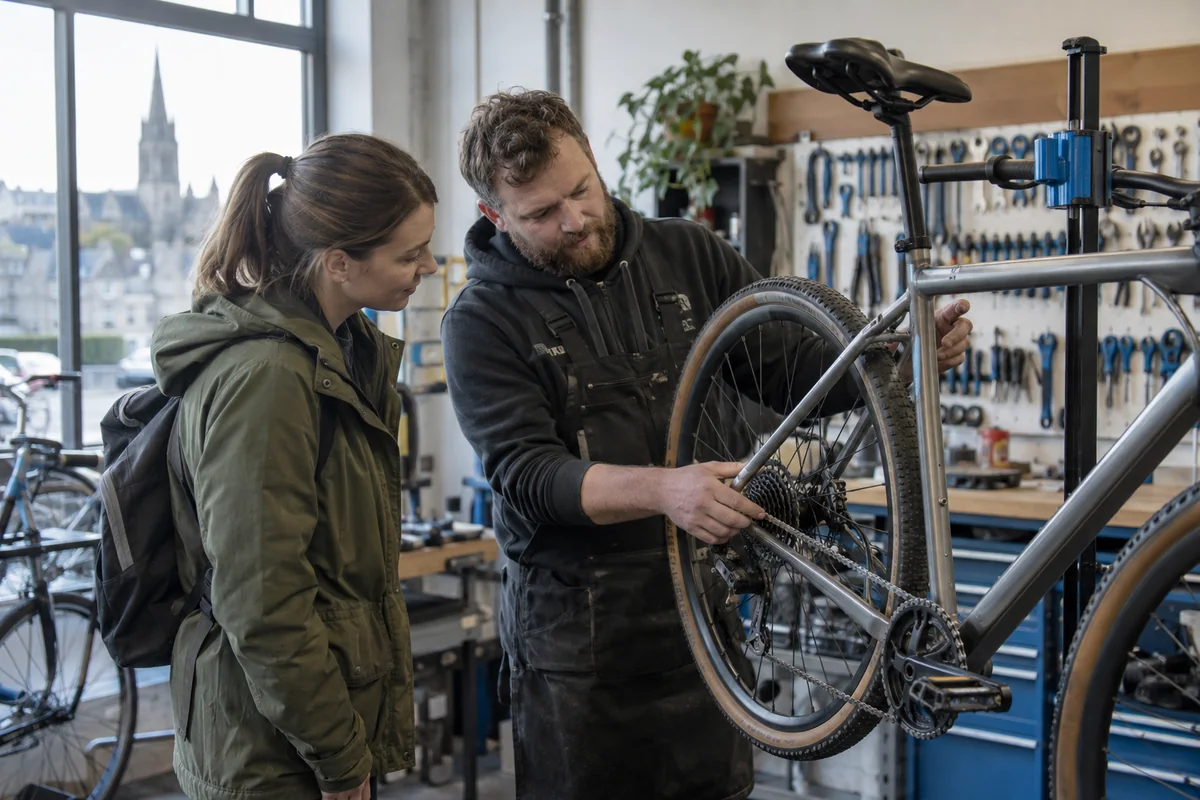 Cyclist or mechanic demonstrating practical considerations for Bike Shops in Aberdeen: Local Stores, Repairs & Maps