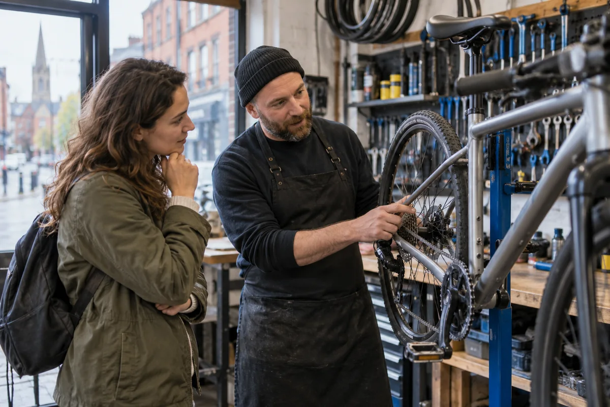 Cyclist or mechanic demonstrating practical considerations for Bike Shops in Birmingham: Local Stores, Repairs & Maps