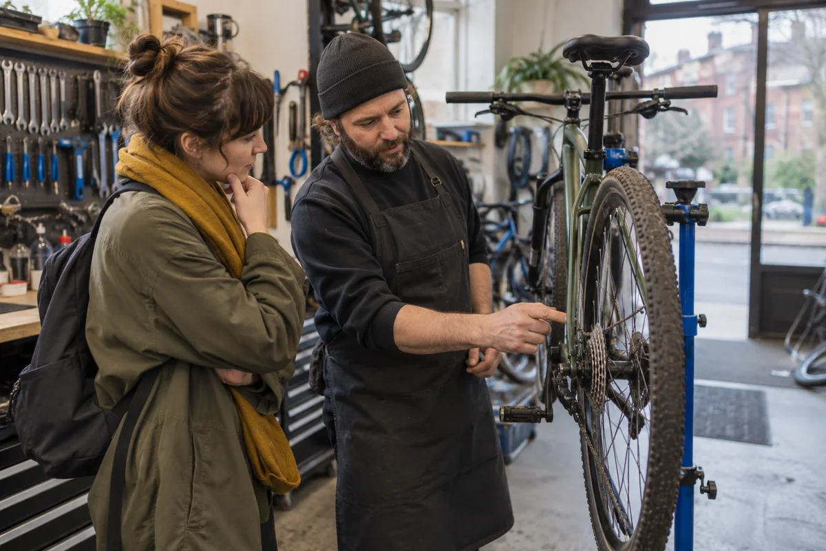 Cyclist or mechanic demonstrating practical considerations for Bike Shops in Bristol: Local Stores, Repairs & Maps