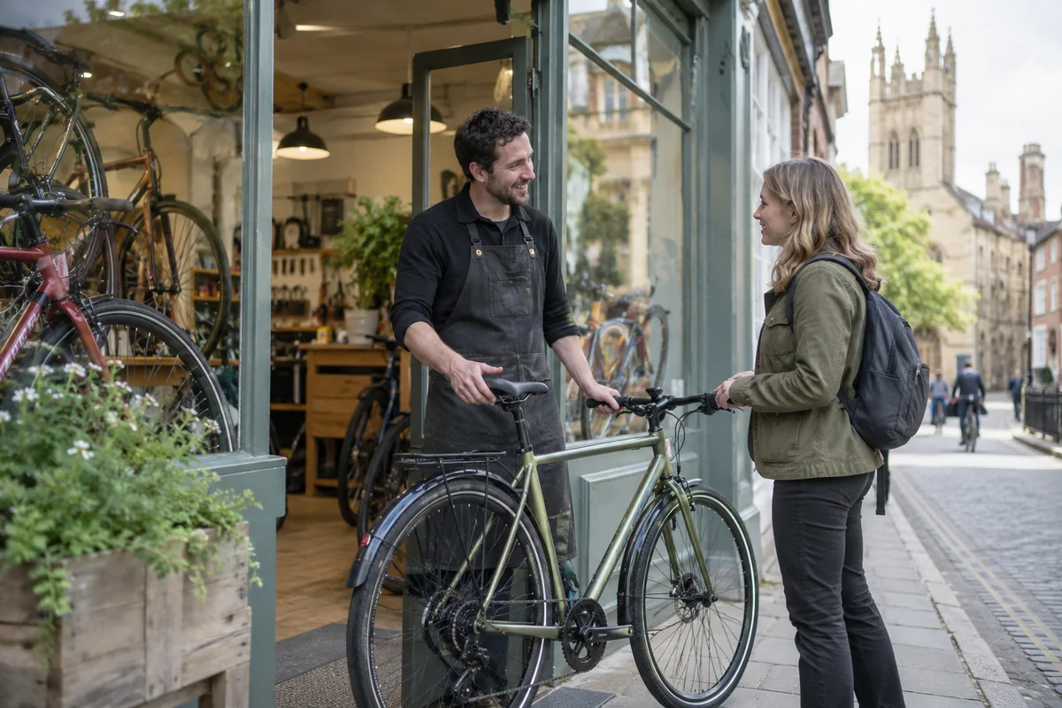Realistic British cycling scene for Primo Cycles Jesus Lane, Cambridge: Address, Services & Map