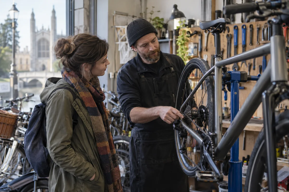Cyclist or mechanic demonstrating practical considerations for Bike Shops in Cambridge: Local Stores, Repairs & Maps