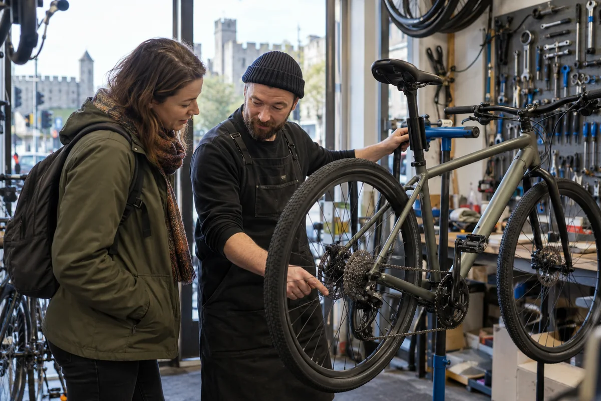 Cyclist or mechanic demonstrating practical considerations for Bike Shops in Cardiff: Local Stores, Repairs & Maps